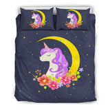 Dark Blue Starry Night Crescent Moon Unicorn Bedding Set